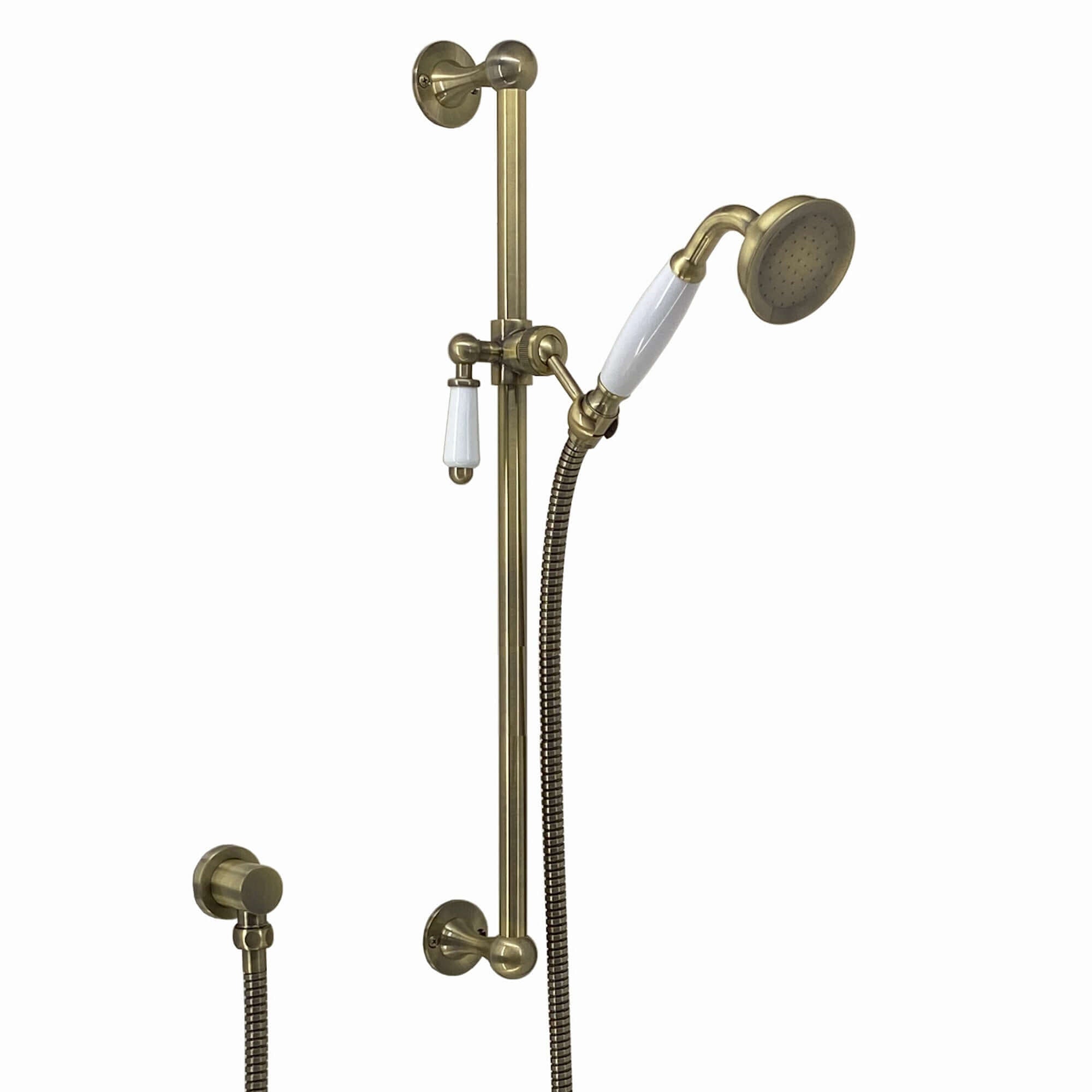Buy Traditional Shower Slider Rail Kit Lever Design With Brass White Ceramic Handset, Hose And Wall Elbow Outlet - Antique Brass Online UK | HOUSE OF ENKI